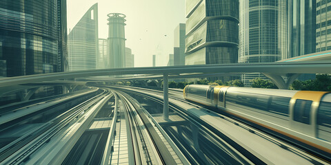 Fototapeta premium A futuristic public transportation, such as magnetic levitation trains or hyperloop systems, speeding through a modern cityscape