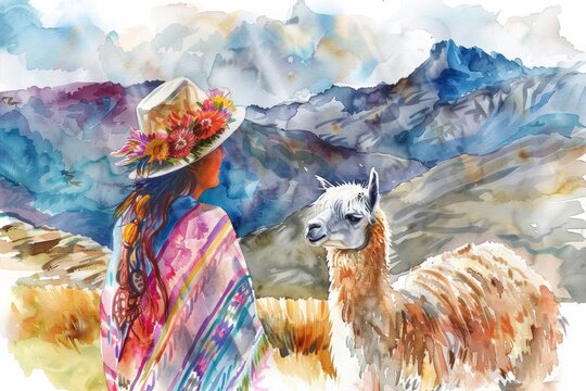 cholita woman of Bolivia with llama hight quality watercolor illustration in picturesque landscape with mountains