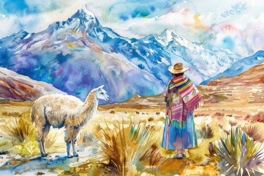 cholita woman of Bolivia with llama hight quality watercolor illustration in picturesque landscape with mountains
