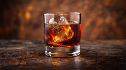 Glass of whiskey with ice on a dark, textured background.