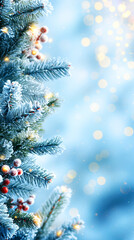 Frosty Christmas Tree with Bokeh Lights and Berry Decor in Winter Wonderland