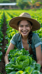 Young Woman Farmer Working in a Lush Green Vegetable Field Wearing a Wide Brimmed Hat and Smiling Brightly During a Bright Sunny Day in a Rural Agricultural Area