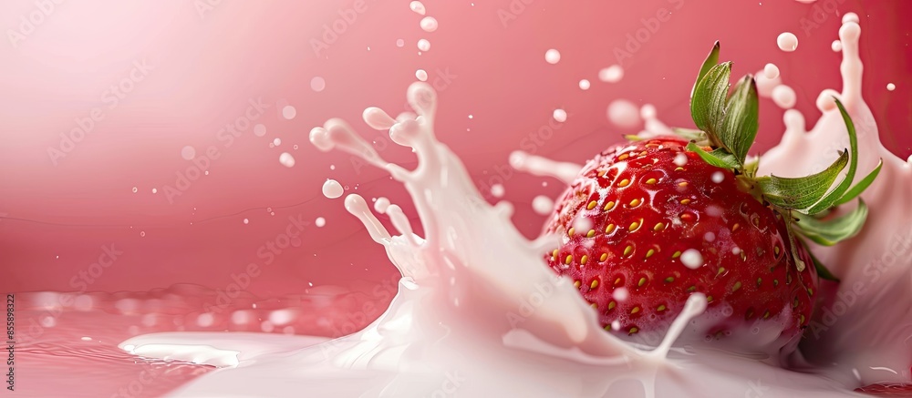 Wall mural delicious strawberry splashing into milk. pastel background. copy space image. place for adding text