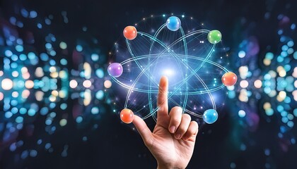 Molecules images, A man is touching atomic particles with his hands, images of molecules and atoms, Digital atom particles structure. 