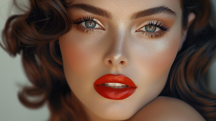 Fototapeta premium supermodel face looking at camera healthy skin with professional makeup red lipstick long eyelashes dark hair curls party look makeup photo style beauty photoshoot fashion show model for cosmetics