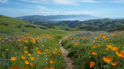 Fototapeta premium Exploring a rugged local trail with panoramic views of rolling hills and valleys,