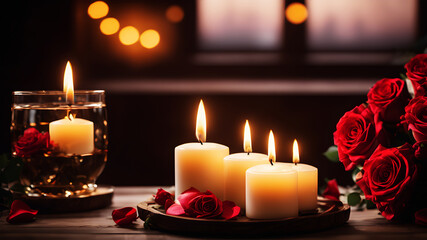 Illustrate a romantic beautifully roses and heart-shaped candles. Add a soft bokeh effect in the background to enhance the intimate and cozy atmosphere