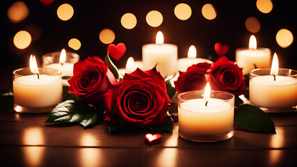 Illustrate a romantic beautifully roses and heart-shaped candles. Add a soft bokeh effect in the background to enhance the intimate and cozy atmosphere
