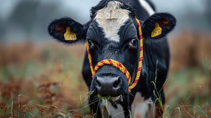 A black and white cow, eating grass in the pasture, wearing an indian yellow rope halter around its face. 