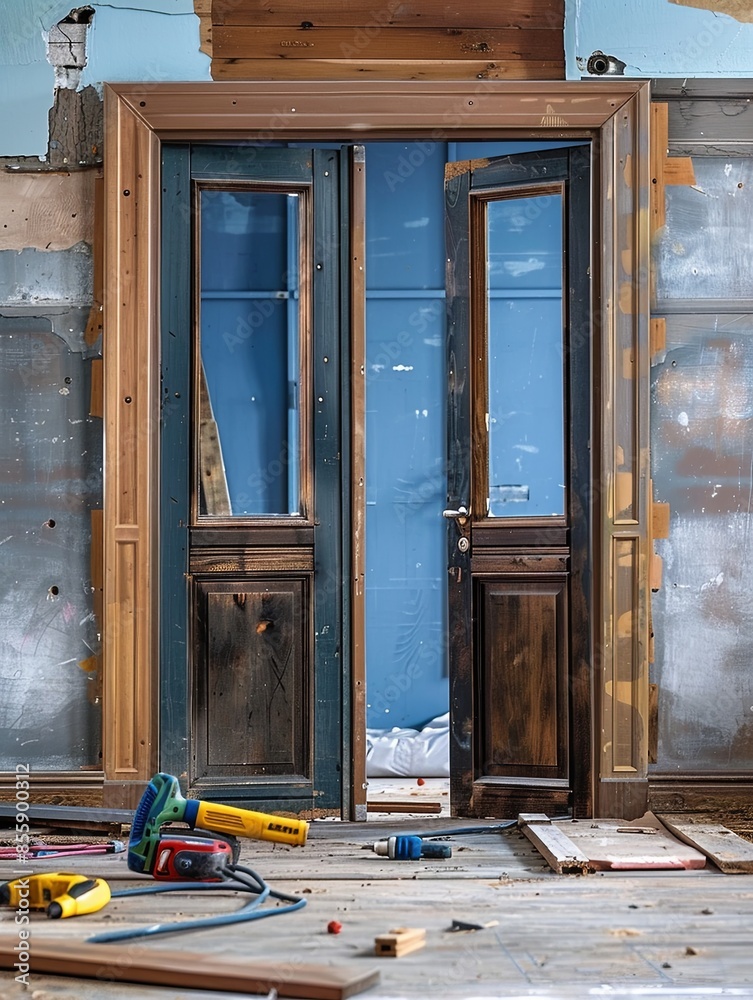 Poster workers installing a new door, with old and new doors visible, and tools like a drill and screws sca