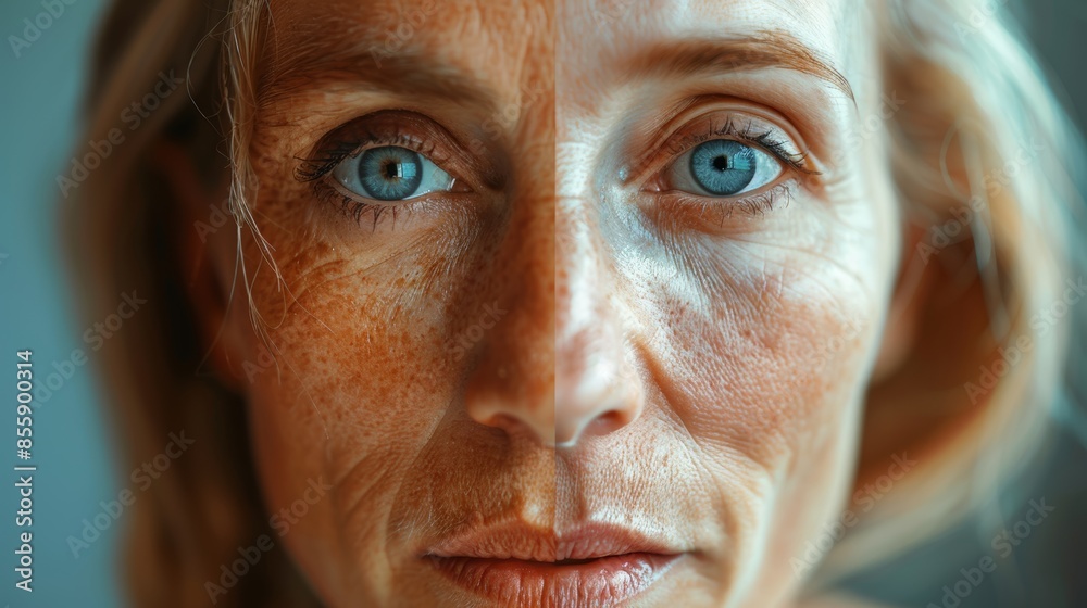 Wall mural  close up shot of a face looking at the camera, one half of the face is 30 years old, the other half of the same face is 50 years old with aging wrinkled skin looking older 