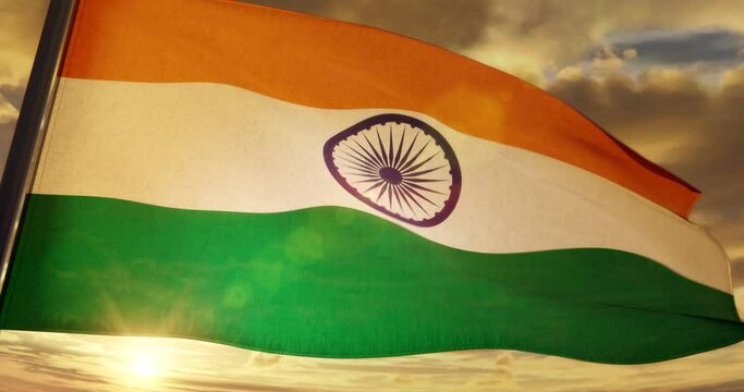 3D Rendering - Flag of India close up waving smoothly at sunset backlighted on yellow cloudy sky - 4K H264 Seamless loop