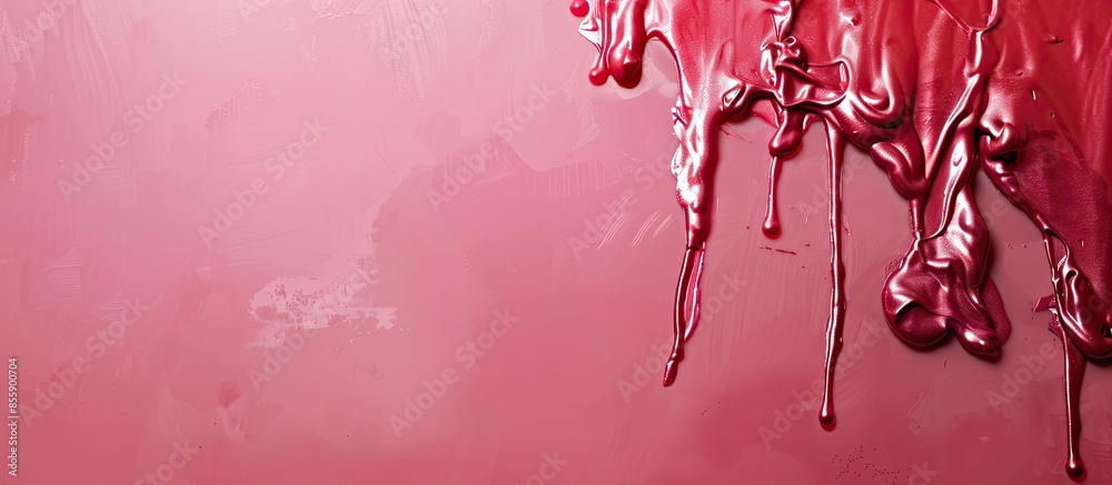 Wall mural close up of red paint leaking on pastel background drop. copy space image. place for adding text and