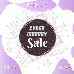 Advertising template for flyer design with shiny text Cyber Monday Sale on blue circuit background.