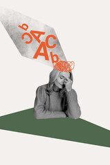 Vertical photo collage of sad old lady hold head ache migraine brainstorm concept puzzled problem...