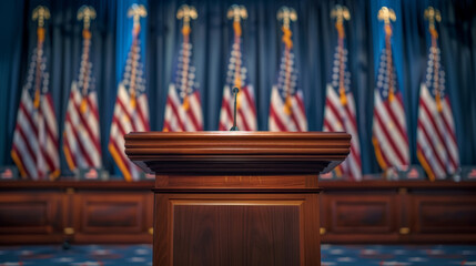 Obraz premium Close-up of the stage with a podium in the middle. In the background is the flag of the United States (campaigning for the election of President of the United States)
