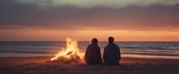 Lovely couple sitting at the beach near the bonfire and watching the sunset