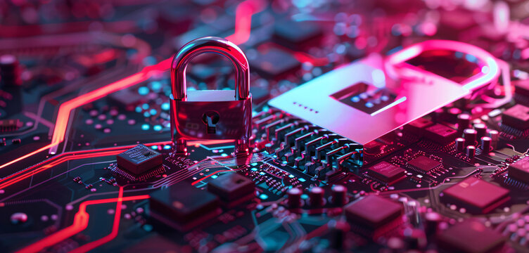 A photo of a padlock positioned on top of a circuit board, symbolizing robust security measures in digital technology.