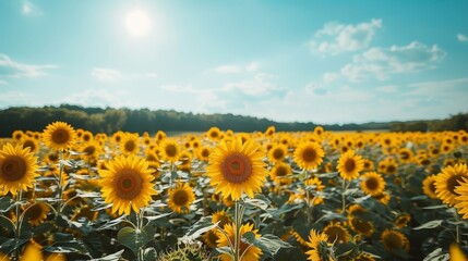 Obraz premium Stunning stock photo of a vast sunflower field in full bloom under a clear blue sky
