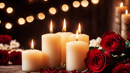 Illustrate a romantic beautifully roses and heart-shaped candles. Add a soft bokeh effect in the background to enhance the intimate and cozy atmosphere