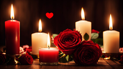 Illustrate a romantic beautifully roses and heart-shaped candles. Add a soft bokeh effect in the background to enhance the intimate and cozy atmosphere