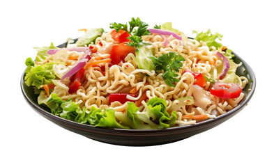 Noodles lettuce tomatoes carrots onions peppers in bowl isolated on transparent background, vegetable ramen chopstick healthy