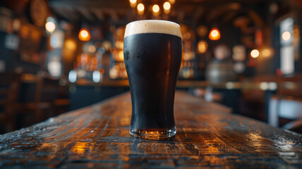 A pint of dark beer on a rustic wooden table in a cozy pub.
