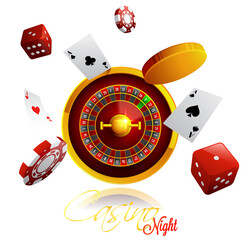 Obraz premium Casino Night background with 3D Chips, Coins, Dice, Roulette Wheel and Playing cards on shiny purple background.