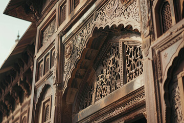 Carved decorative windows of Mughal architecture in Agra fort
