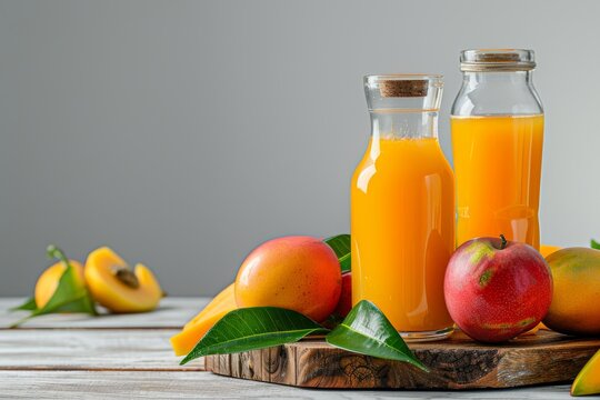 Organic farming mango juice in glass and bottle along with fruit on wooden table and white isolated background. Front view.