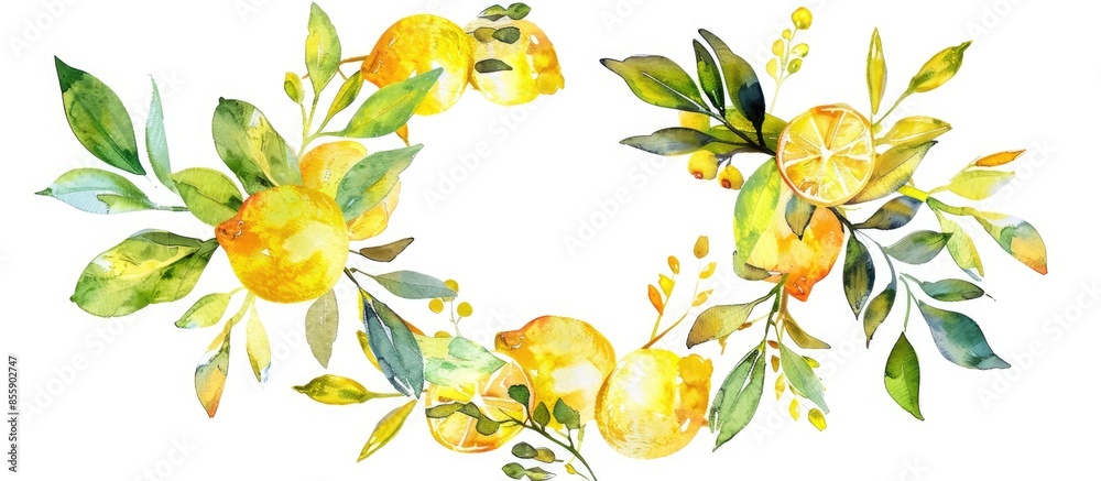 Wall mural watercolor lemon wreath isolated on white background. copy space image. place for adding text and de