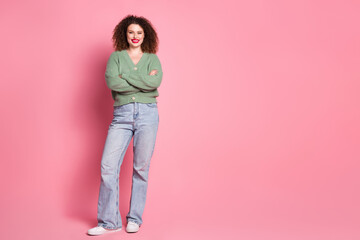 Photo of positive lovely woman wear stylish khaki clothes standing empty space isolated on pink color background