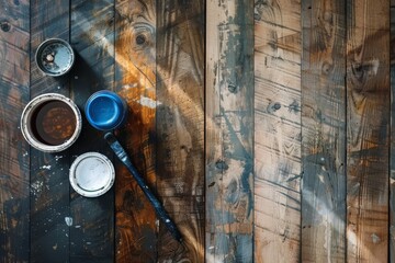 Fototapeta premium Painting For Wood Renovation At Home Top View