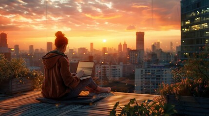 Fototapeta premium Woman using a laptop on a rooftop terrace, city skyline view, sunset lighting