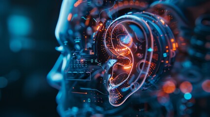 A close up shot of a bionic ear receiving audio input from a smart device, showcasing the potential of technology for hearing augmentation.