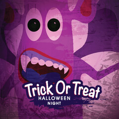 Cartoon scary monster on grungy background for Trick or Treat, Halloween Night Party.