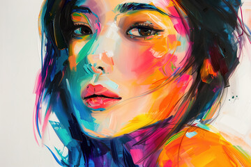 Asian young woman creative artistic portrait. Beautiful colorful portrait on white background
