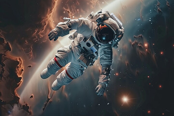 Fototapeta premium Astronaut at spacewalk. Cosmic art, science fiction wallpaper. Beauty of deep space 