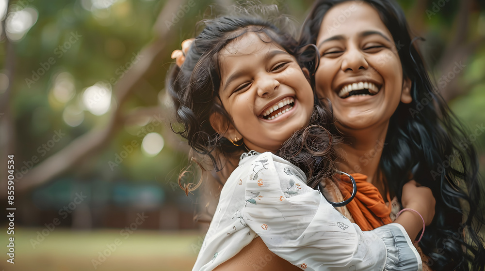 Wall mural happy indian mother having fun with her daughter outdoor - family people and love concept - focus on