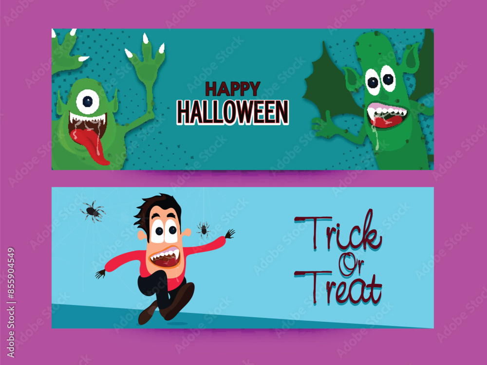 Poster Happy Halloween Social Media Banner or Header Set with Scary Monsters.