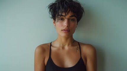 Obraz premium Woman With Short Hair Against a Blue Wall