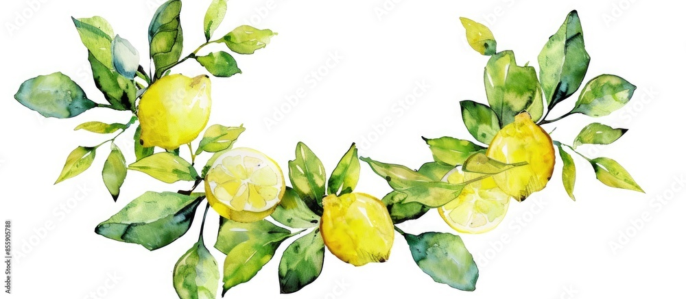 Wall mural watercolor lemon wreath isolated on white background. copy space image. place for adding text and de