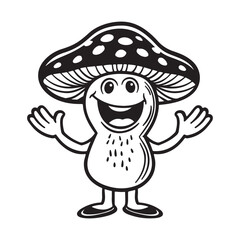 Happy mushroom character design, black vector illustration on white background