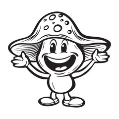 Happy mushroom character design, black vector illustration on white background