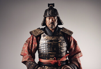 Fototapeta premium Middle-aged male Samurai warrior with stoic expression, wearing traditional samurai armor and kimono, isolated white background, dim light