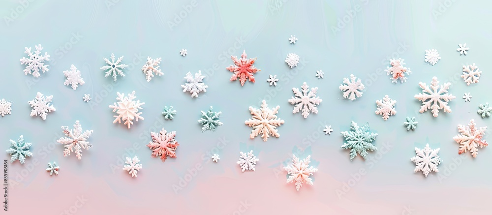 Wall mural christmas decorations snowflakes isolated on pastel background. copy space image. place for adding t