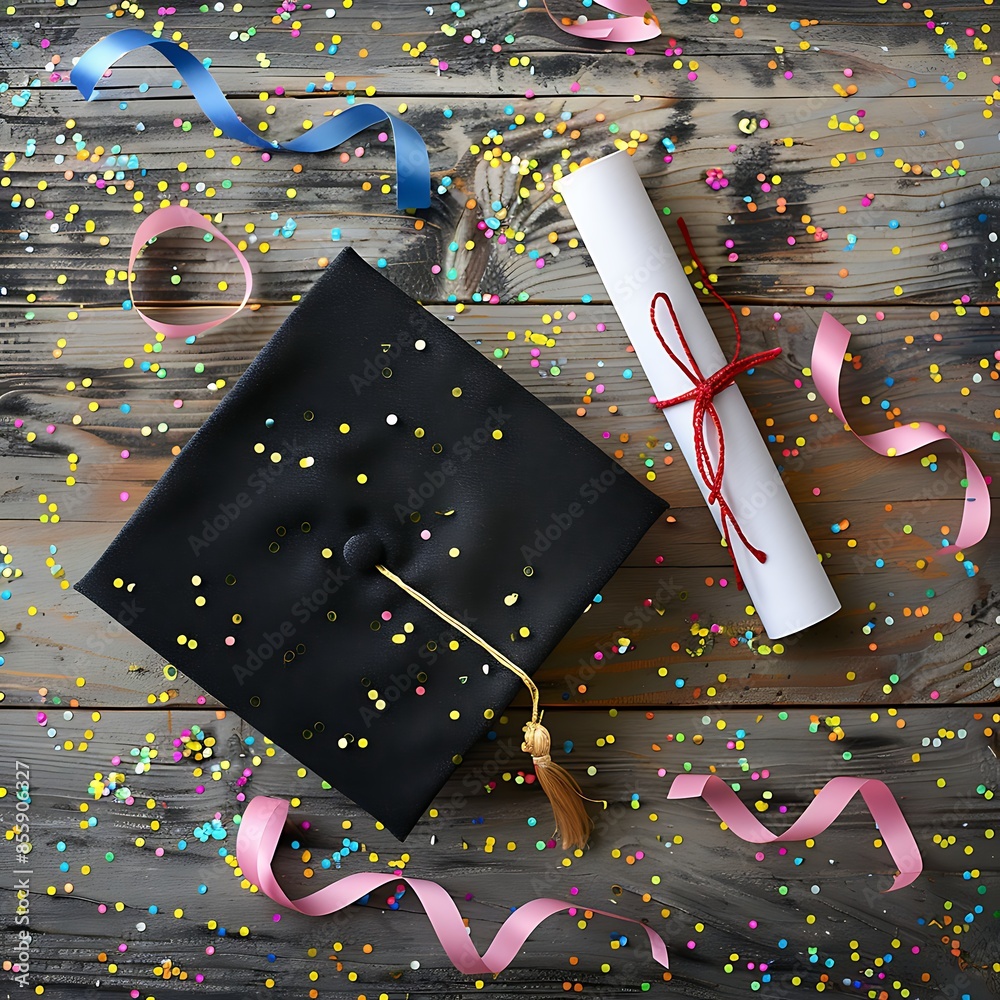 Wall mural A graduation cap and diploma on a wooden background with confetti and streamers, symbolizing celebration and achievement. Perfect for highlighting graduation events and academic success.

 - Wall murals