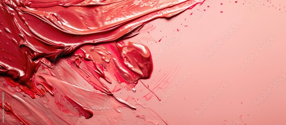 Poster close up of red paint leaking on pastel background drop. copy space image. place for adding text and