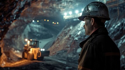Fototapeta premium Worker in hard hat standing in the mine