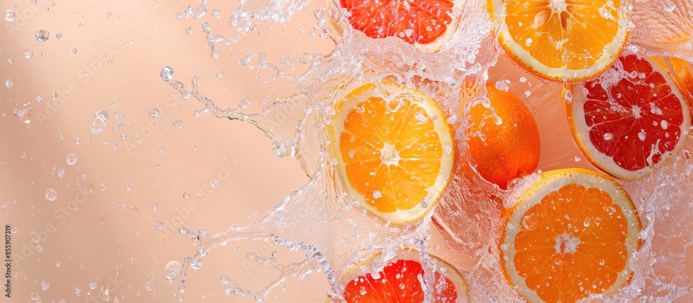 Wall mural orange and grapefruit in a spray of water on a pastel background. copy space image. place for adding